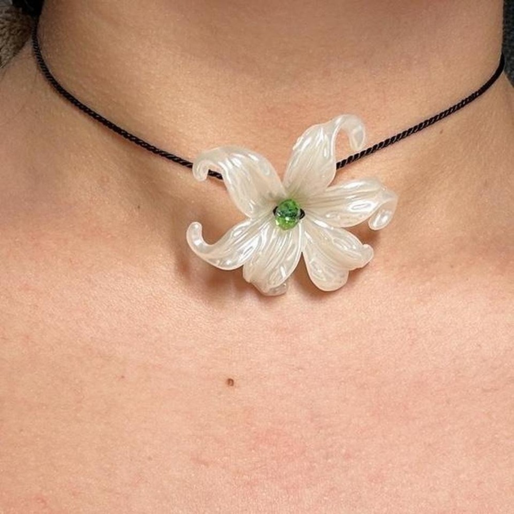 Acrylic Flower Pendant Necklace Iridescent Green Lily Handmade Boho Adjustable